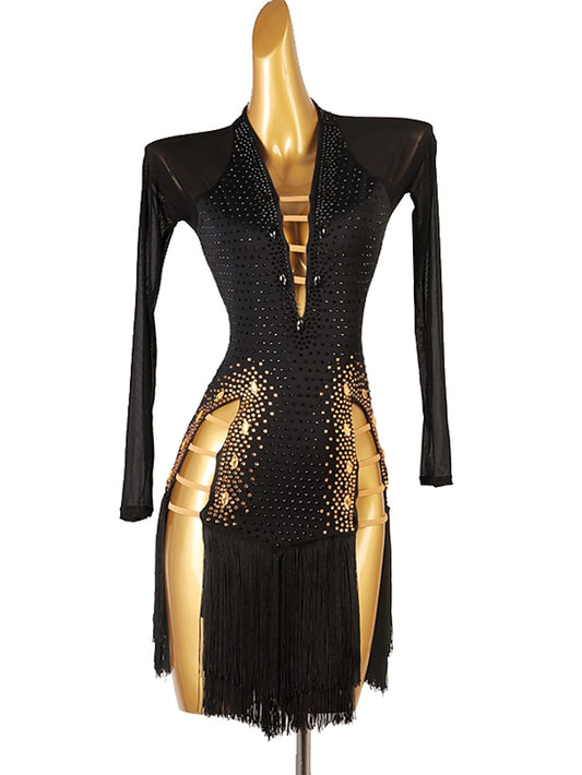 Latin Dance Dress Tassel Crystals / Rhinestones Women's Performance Long Sleeve Chinlon Mesh - LuckyFash™