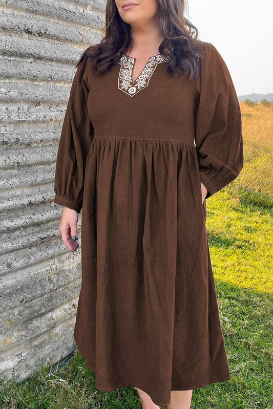 Coffee Embroidered Notched Neckline Textured Pleated High Waist Plus Size Midi Dress
