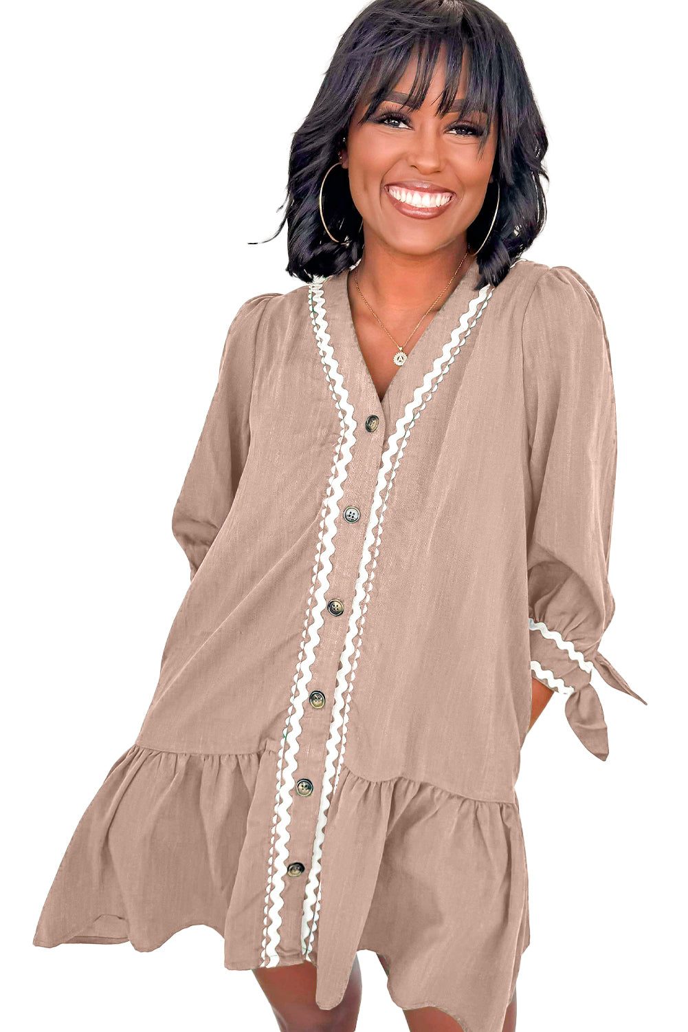 Smoke Gray Contrast Ricrac Trim Button V Neck Knotted Bracelet Sleeve Shift Dress