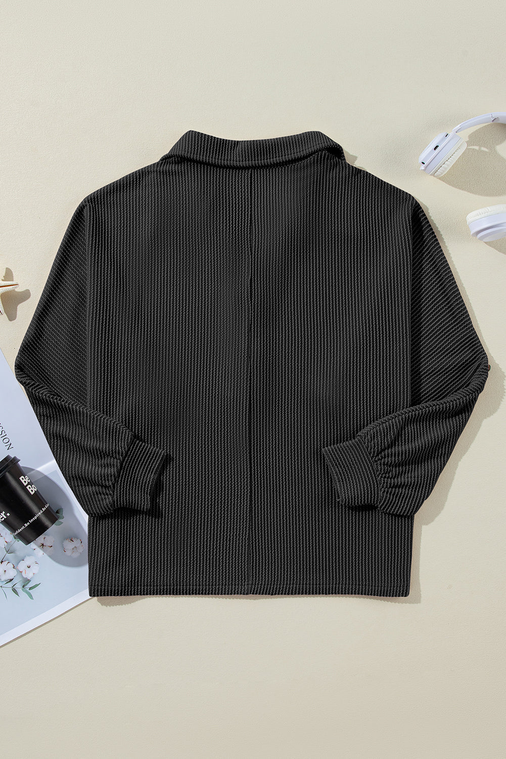 Black Oversized Twist Ribbed Collared Henley Top with Roll up Sleeve