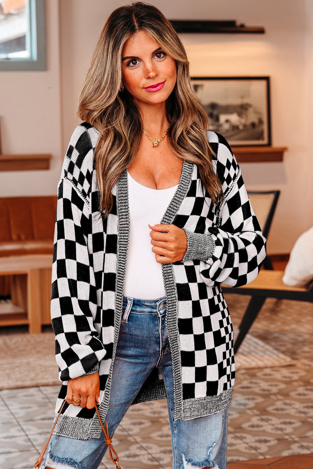 black checkered cardigan