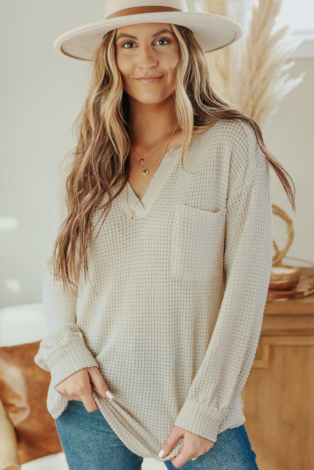 Deep V-Neck Long Sleeve Knitted Sweater