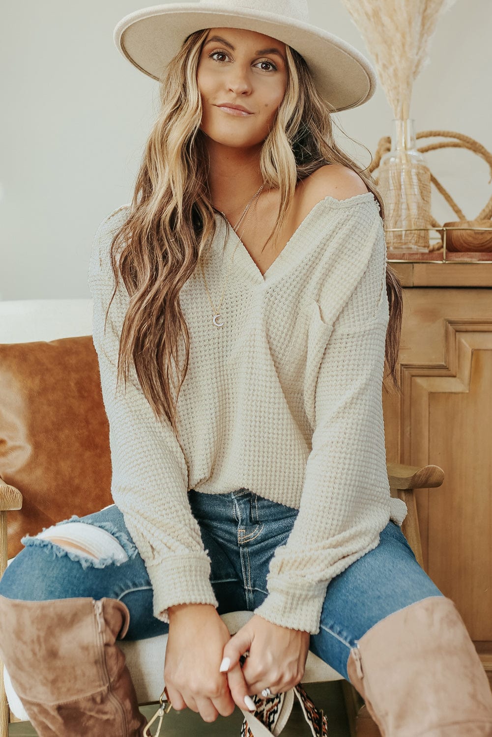 Deep V-Neck Long Sleeve Knitted Sweater