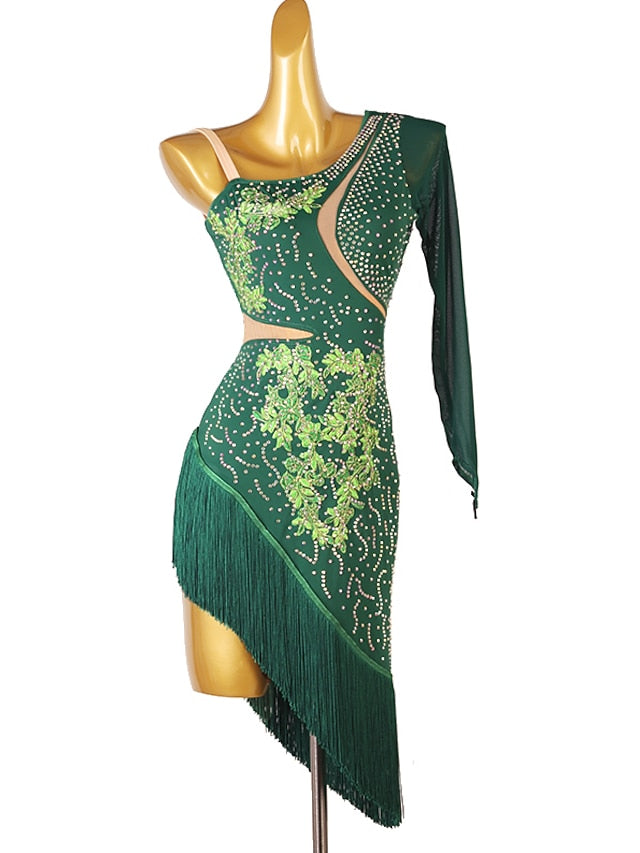 Latin Dance Dress Tassel Split Joint Crystals / Rhinestones Women's Performance Training Long Sleeve Chinlon Mesh - LuckyFash™