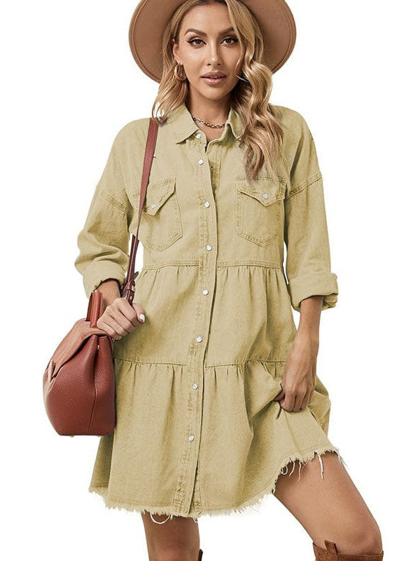 Denim Skirt Princess Dress with Lapel Collar and Long Sleeves