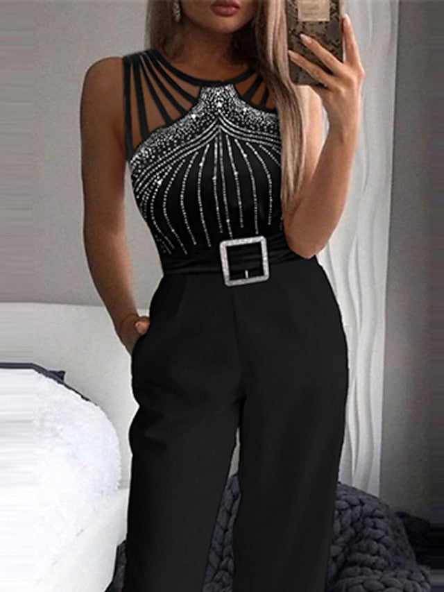 Women's Jumpsuit Pocket Beaded Polka Dot Crew Neck Elegant Party Going out Regular Fit Sleeveless Black S M L Spring - LuckyFash™