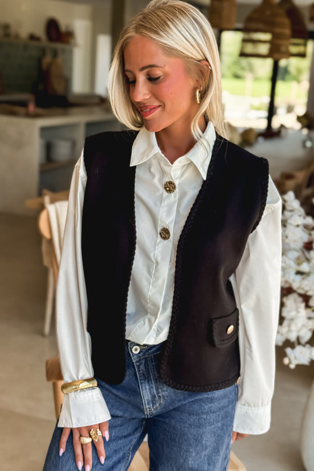 Black Braided Trim Open Front Vest