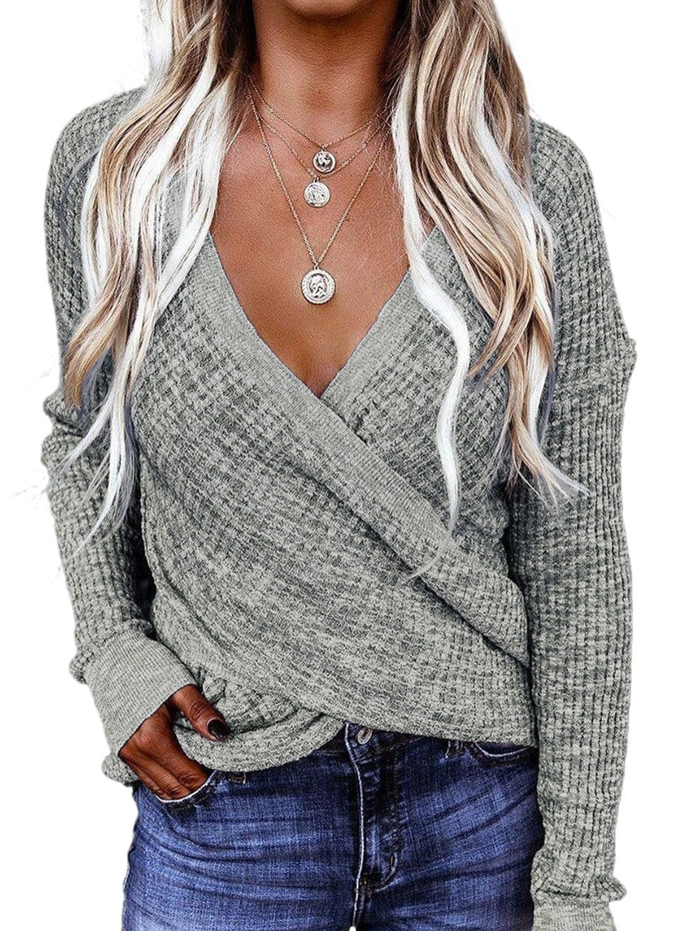 Khaki Reversible V-Neck Waffle Knit Sweater