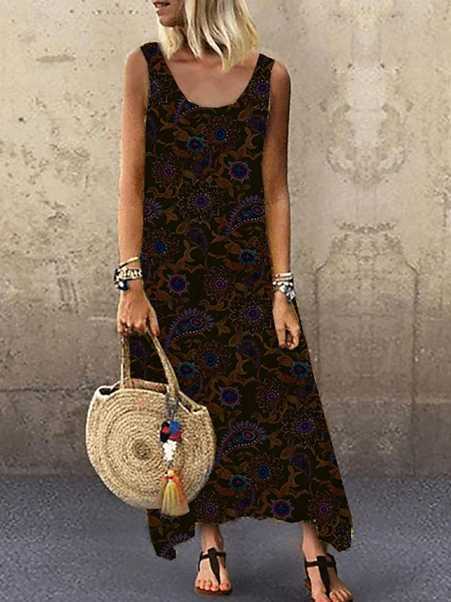 Women's Dress - Swing Dress Maxi long Dress Green Blue Khaki Red Yellow Sleeveless Print Basic Summer Deep U Hot Casual Boho Loose S M L XL XXL 3XL 4XL 5XL