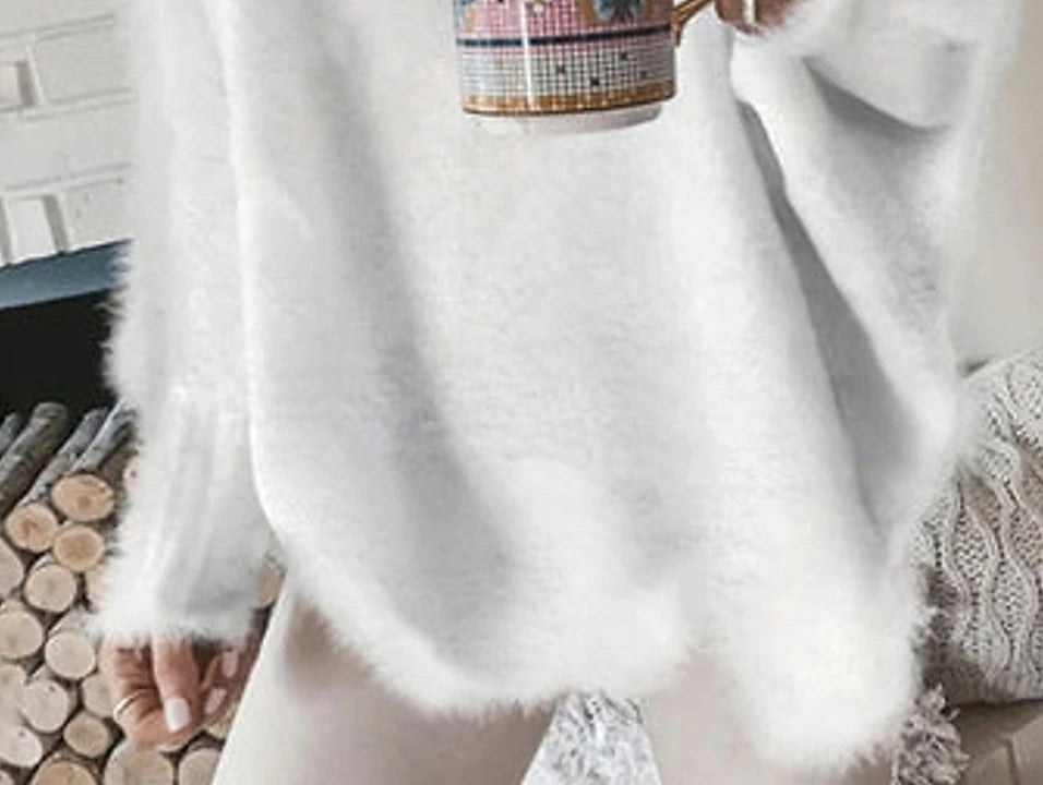 Women's Pullover Sweater Jumper Crew Neck Crochet Fuzzy Knit Imitation Mink Lace Trims Fall Winter Cropped Daily Going out Stylish Long Sleeve Solid Color White S M L