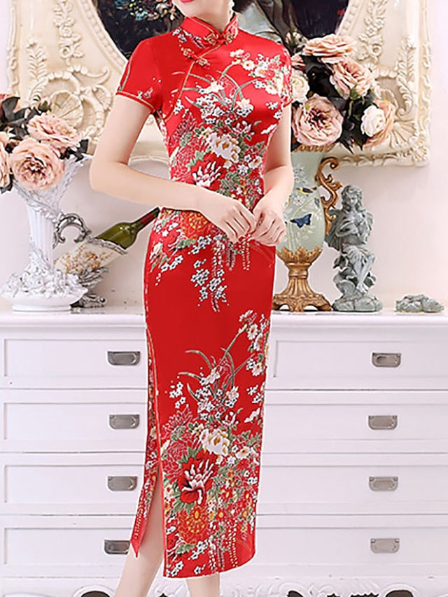 Women's Dress - Cheongsam Floral Mandarin Collar Chinoiserie Dress Long Dress Maxi Dress Light Pink Black Blue Short Sleeve Spring Summer Weekend S M L XL XXL 3XL 4XL 5XL 6XL