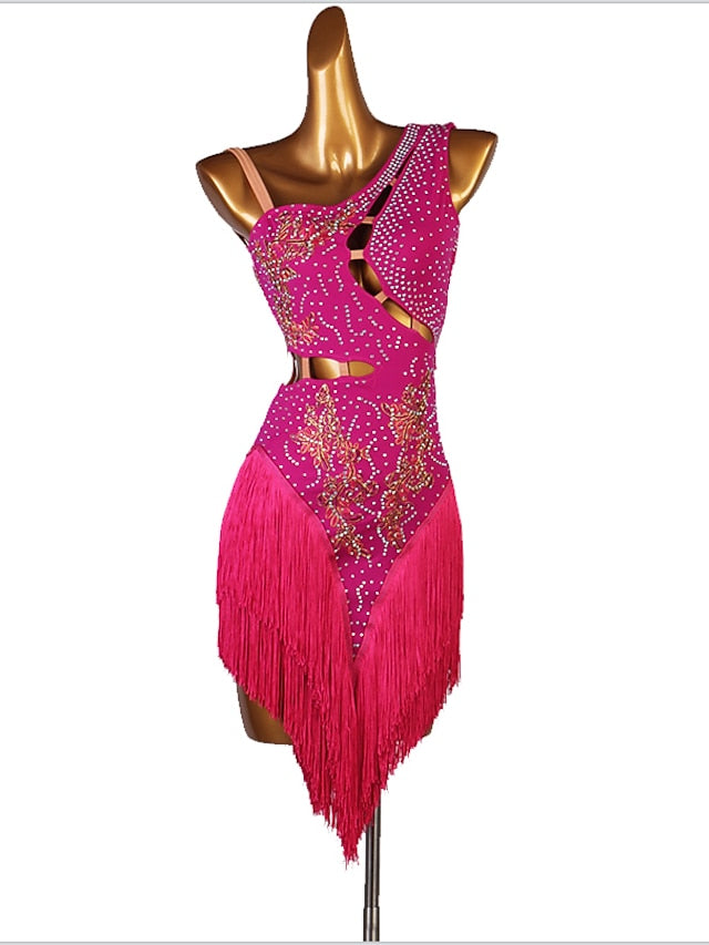 Latin Dance Dress Tassel Split Joint Crystals / Competition Dress Rhinestones Women's Performance Sleeveless Chinlon - LuckyFash™