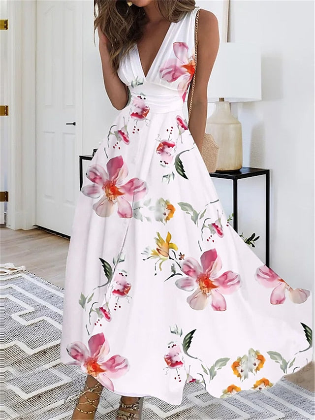 Women's Dress - Long Dress Maxi Dress Casual Dress Swing Dress A Line Dress Floral Butterfly Fashion Streetwear Outdoor Daily Date Print Sleeveless V Neck Dress Regular Fit Black White Yellow Summer Spring S