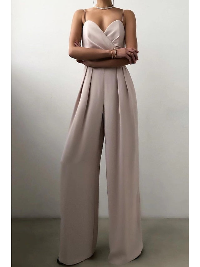 Women's Summer V Neck Spaghetti Straps Elegant Wedding Party Jumpsuit High Waist Wide Leg Pleated Long Pants Casual Rompers with Pockets - LuckyFash™