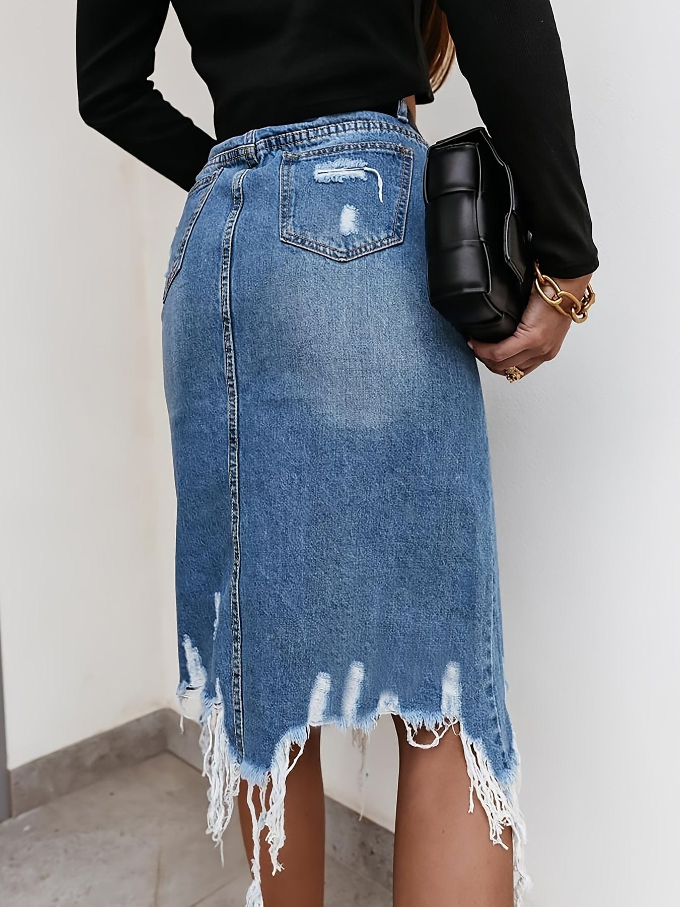 Distressed A-Line Ripped High Waist Split Denim Midi Dress