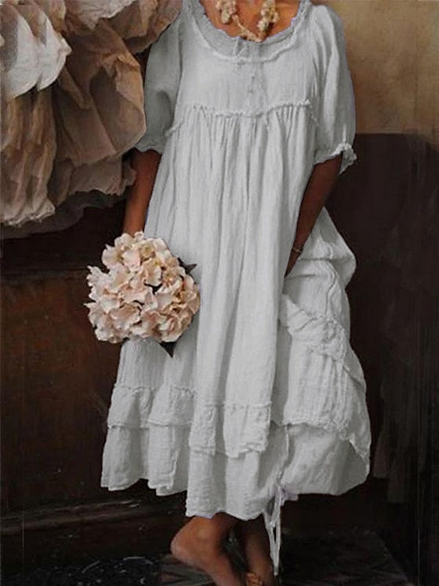 Women's Dress - Casual Dress Swing Dress Tiered Dress Plain Ruffle Layered Crew Neck Maxi Dress Fashion Elegant Outdoor Daily Half Sleeve Loose Fit Pink Light Grey Summer Spring S M L XL 2XL