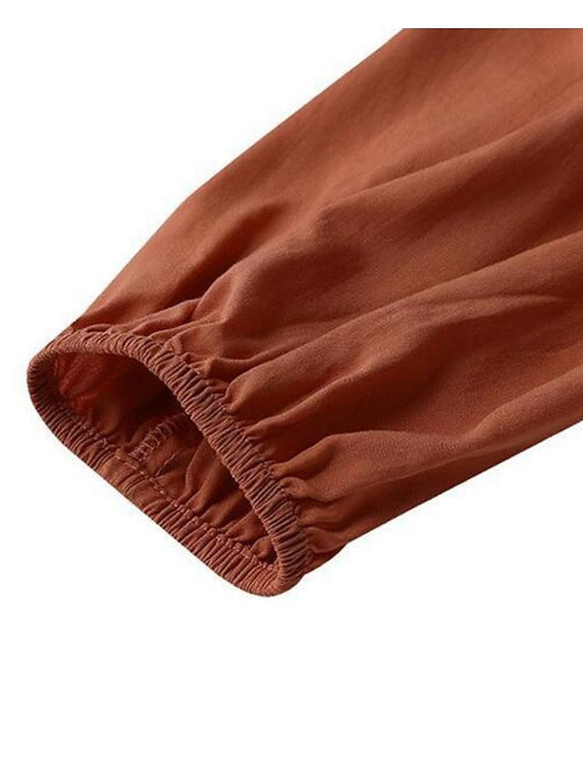 Women's Dress - Swing Dress Long Dress Maxi Dress Dark Green Brown Black Long Sleeve Pure Color Ruched Pleated Patchwork Fall Spring V Neck Boho Casual Fall Dress Lantern Sleeve Loose Fit M L XL XXL XXXL 4XL