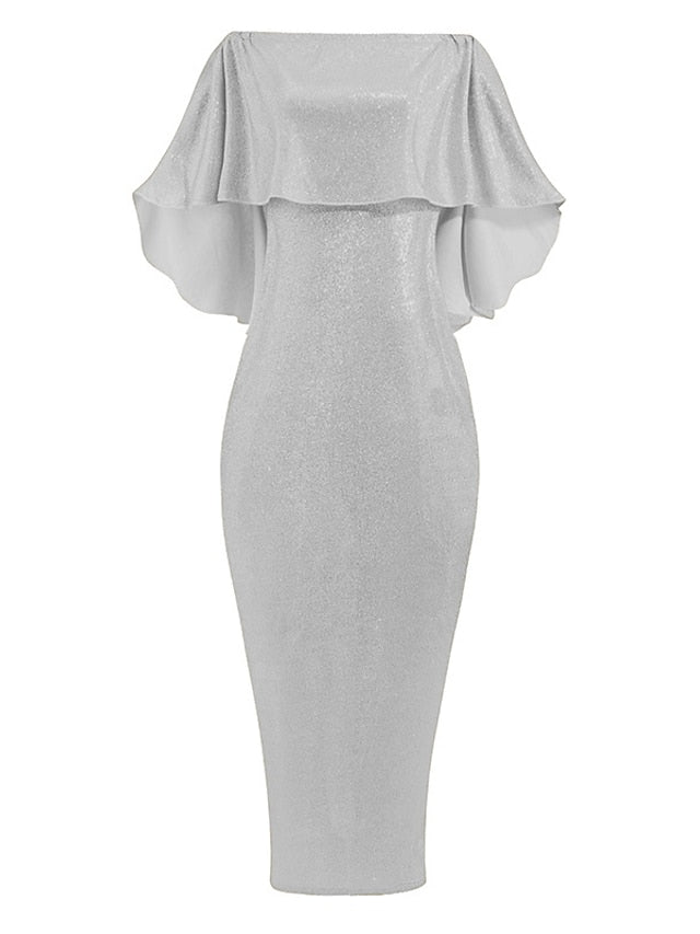 Women's Dress - Formal Party Dress Cocktail Dress Long Dress Maxi Dress Silver Black Champagne Half Sleeve Pure Color Cold Shoulder Winter Fall Spring Off Shoulder Mature Evening Party Wedding