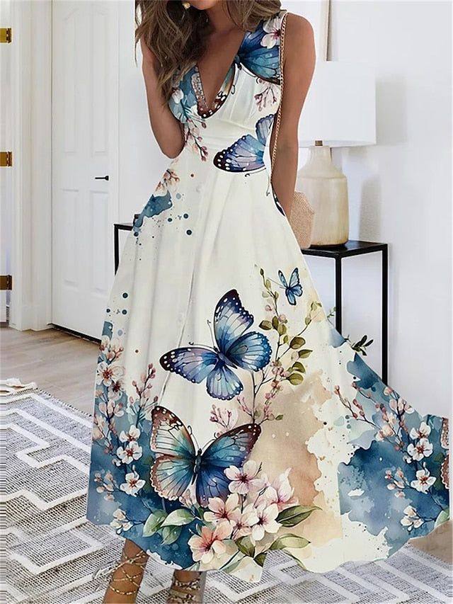 Women's Dress - Long Dress Maxi Dress Casual Dress Swing Dress A Line Dress Floral Butterfly Fashion Streetwear Outdoor Daily Date Print Sleeveless V Neck Dress Regular Fit Black White Yellow Summer Spring S