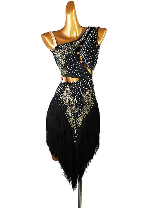 Latin Dance Dress Tassel Split Joint Crystals / Competition Dress Rhinestones Women's Performance Sleeveless Chinlon - LuckyFash™