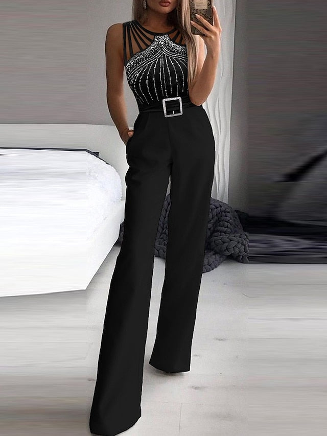 Women's Jumpsuit Pocket Beaded Polka Dot Crew Neck Elegant Party Going out Regular Fit Sleeveless Black S M L Spring - LuckyFash™