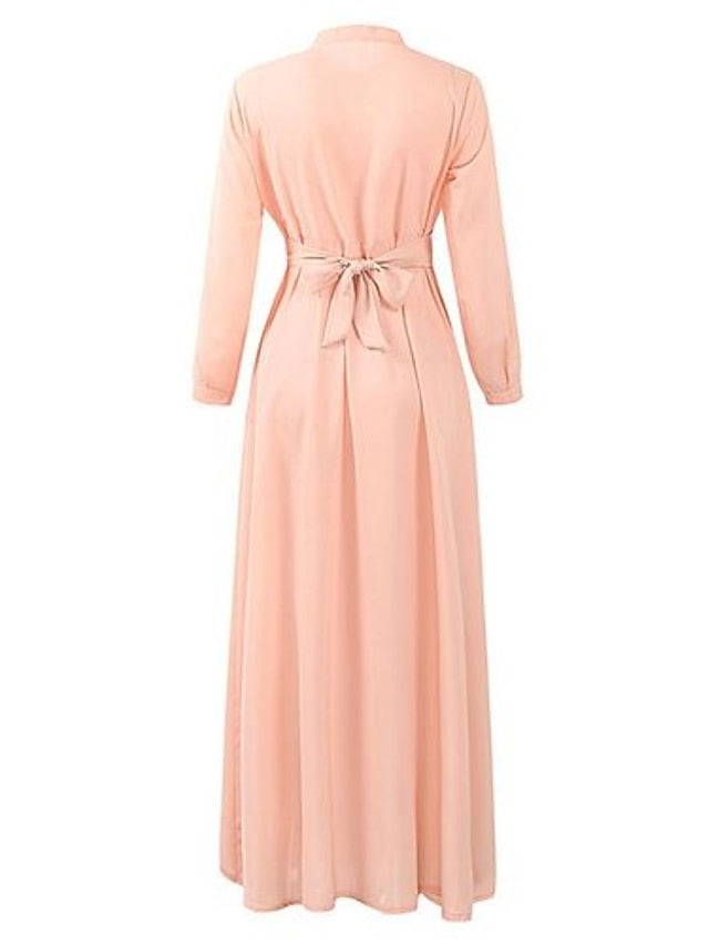 Women's Dress - Shirt Dress Chiffon Dress Swing Dress Maxi long Dress Formal Winter Dress Causal Polyester Fashion Elegant Stand Collar Pleated Button Long Sleeve Spring Fall Winter 2023 Regular Fit Black