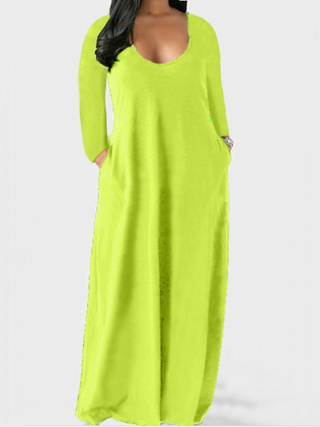 Women's Dress - Plus Size Shift Dress Solid Color Boat Neck Long Sleeve Spring Fall Basic Casual Maxi long Dress Daily Vacation Dress