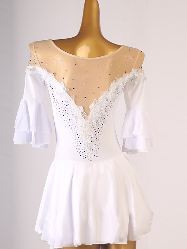 Figure Skating Dress Ruffles Crystals / Rhinestones Women's Girls' Training Performance Half Sleeve High Mesh Spandex - LuckyFash™