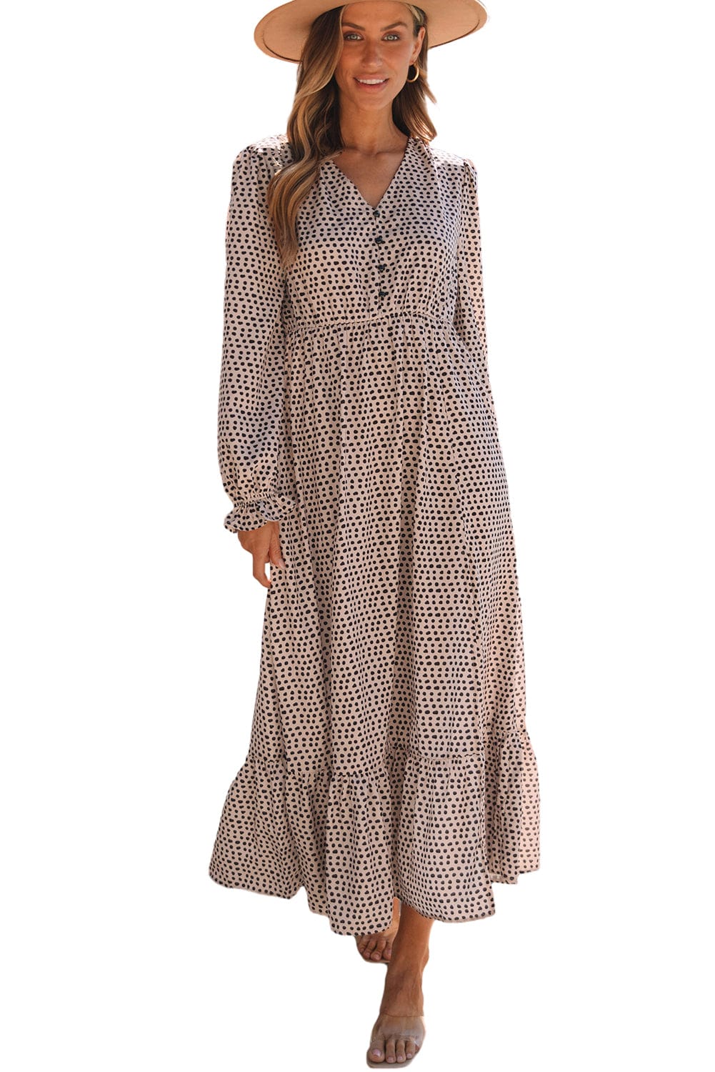 Dusty Gray Polka Dot V Neck Ruffle Maxi Dress with Button Detail