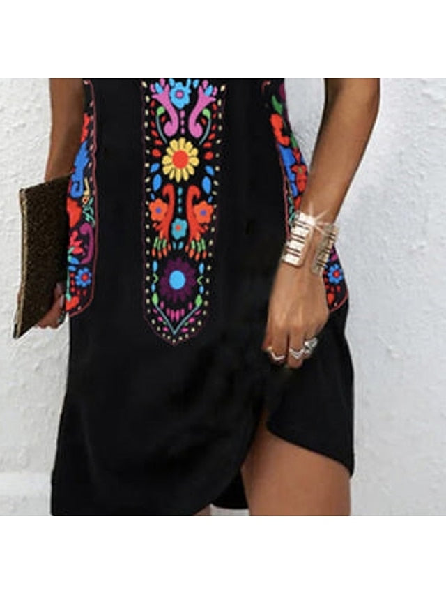 Women's Dress - Casual Dress Floral Dress Mini Dress Black Short Sleeve Print Print Spring Summer V Neck Basic Weekend Summer Dress Spring Dress 2023 S M L XL 2XL 3XL