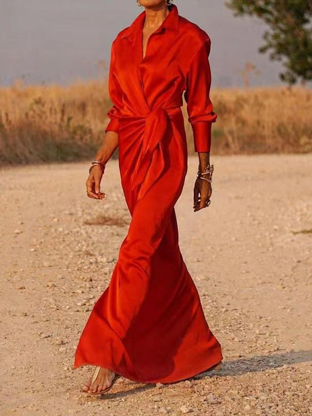 Women's Dress - Shirt Dress Party Dress Shift Dress Long Dress Maxi Dress Black Red Blue Long Sleeve Pure Color Lace up Summer Spring V Neck Elegant Party Winter Dress Evening Party 2023 S M L XL XXL