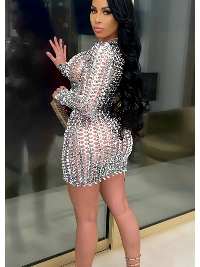 Women's Dress - Party Dress Holiday Dress Bodycon Mini Dress Silver Black Red Long Sleeve Pure Color Hollow Out Spring Fall Winter Crew Neck Fashion Winter Dress Fall Dress Spring Dress 2022 S M L XL XXL