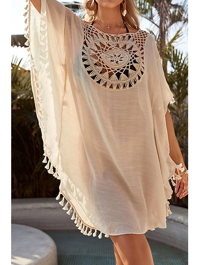 Women's Dress - Swimwear Cover Up Beach Dress Normal Swimsuit UV Protection Tassel Printing Hole Pure Color Black Beige White Scoop Neck Bathing Suits New Vacation Daily
