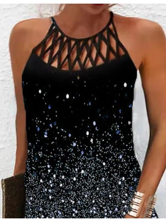 Women's Dress - Casual Dress Mini Dress Black Blue Sleeveless Color Block Print Spring Summer Halter Casual 2023 S M L XL XXL 3XL
