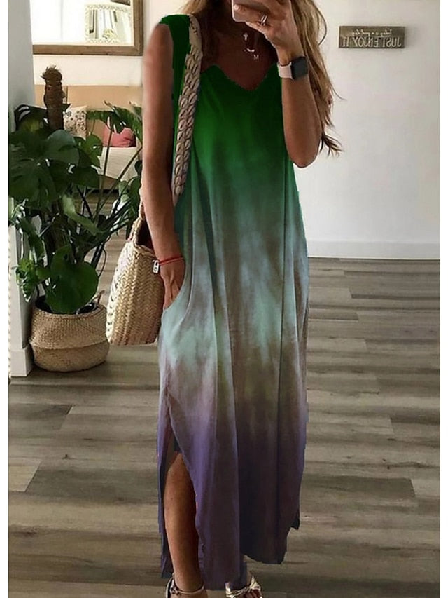 Women's Dress - Shift Dress Long Dress Maxi Dress Green Red Light Blue Sleeveless Tie Dye Spring Summer V Neck Hot S M L XL XXL 3XL