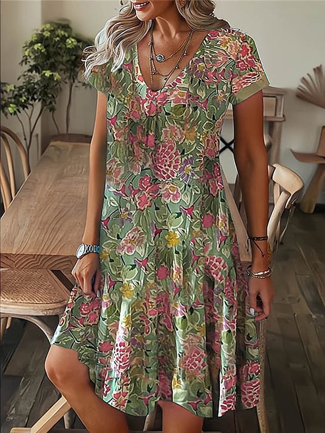 Women's Dress - Casual Dress Summer Dress Print Dress Leaf Floral Print V Neck Midi Dress Fashion Modern Outdoor Daily Short Sleeve Regular Fit Black White Yellow Summer Spring S M L XL XXL