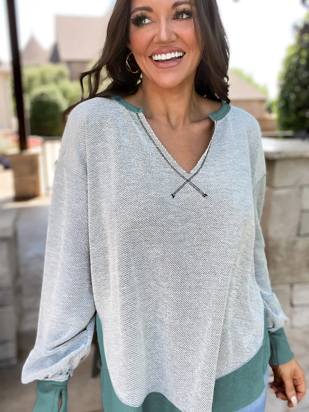 Laurel Green Unique Exposed Seam Notched Neck Sweatshirt