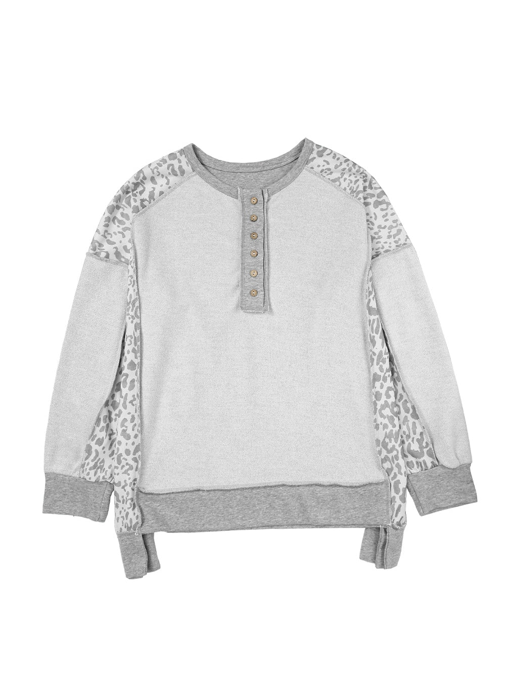 Leopard Patchwork Gray Buttoned Neck Pullover Sweatshirt