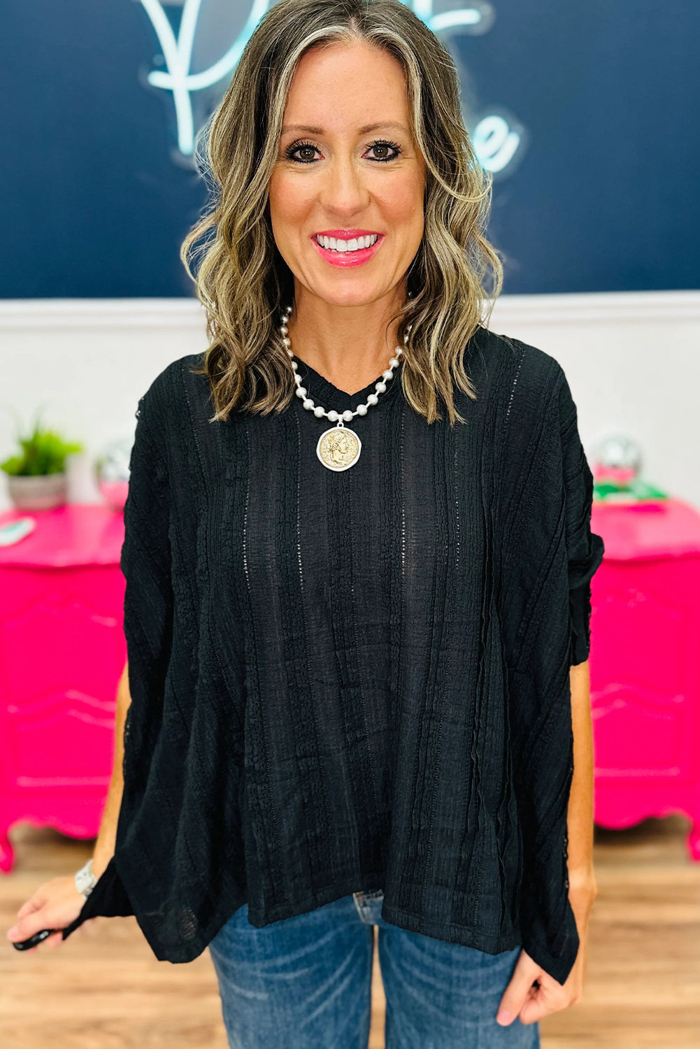 Black Lacy Striped Texture 3/4 Sleeve Dolman Blouse