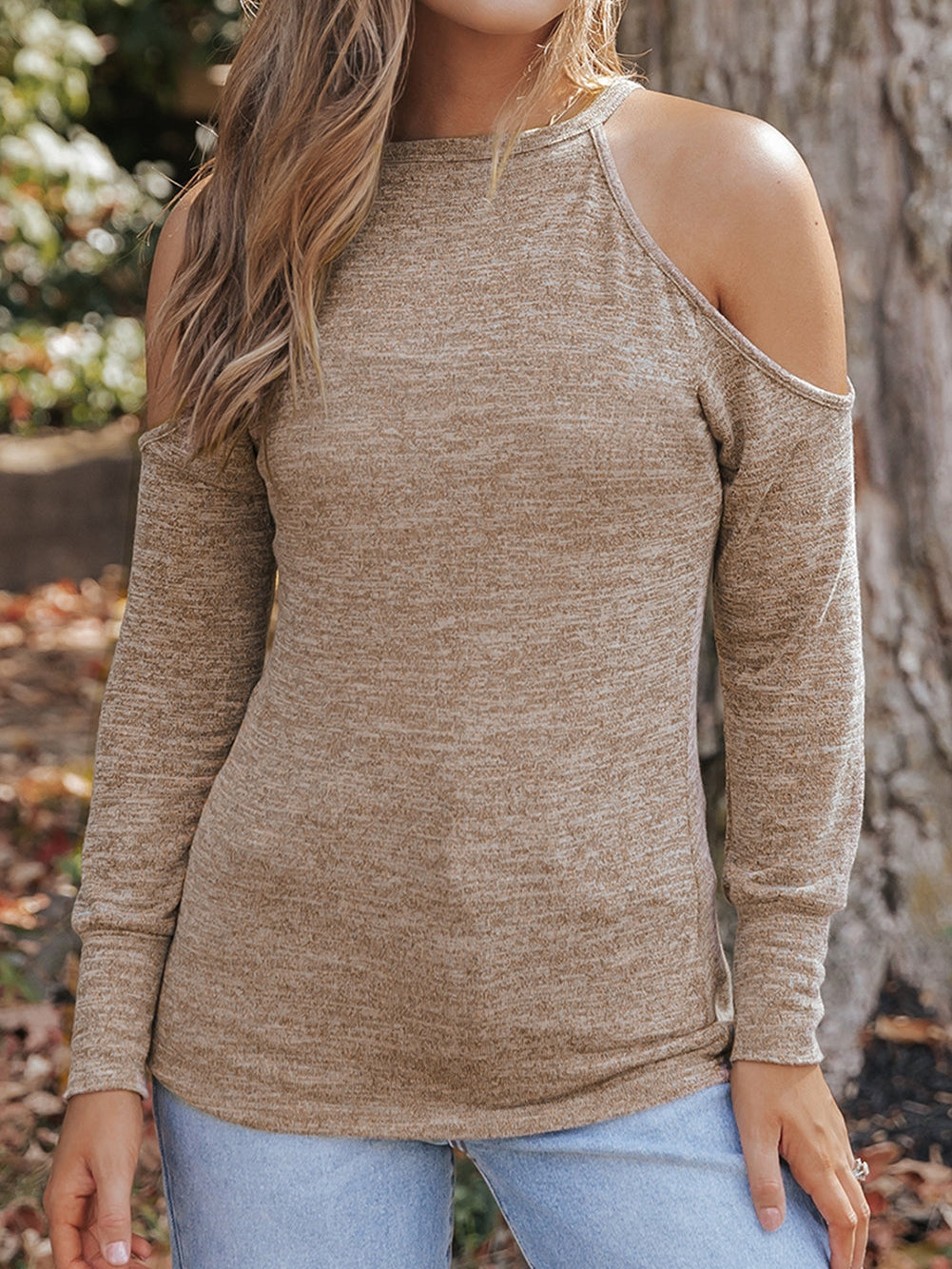 Khaki Marble Cold Shoulder Knit Top with Long Sleeves