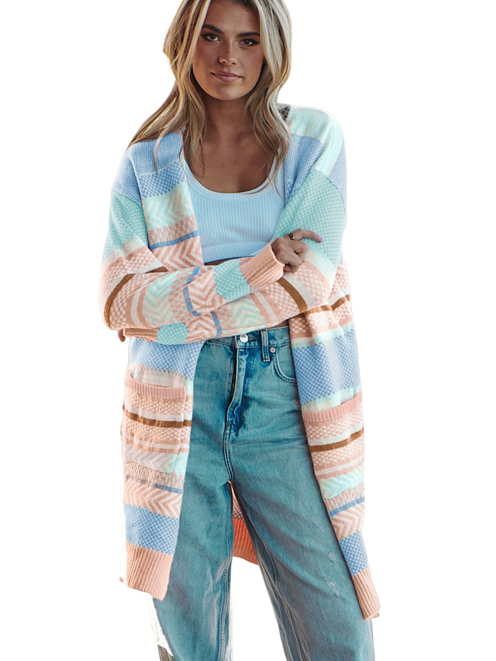 Elegant Multicolored Striped Knit Open-Front Sweater Coat