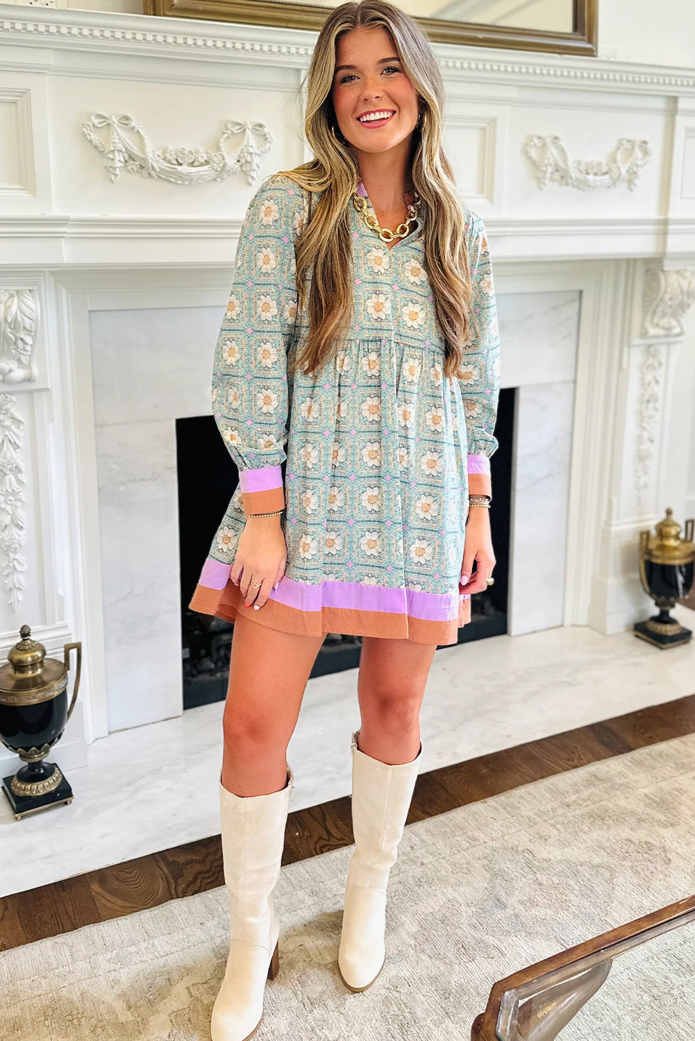 Green Geometric Floral Print Contrasted Striped Trim Long Sleeve Mini Dress