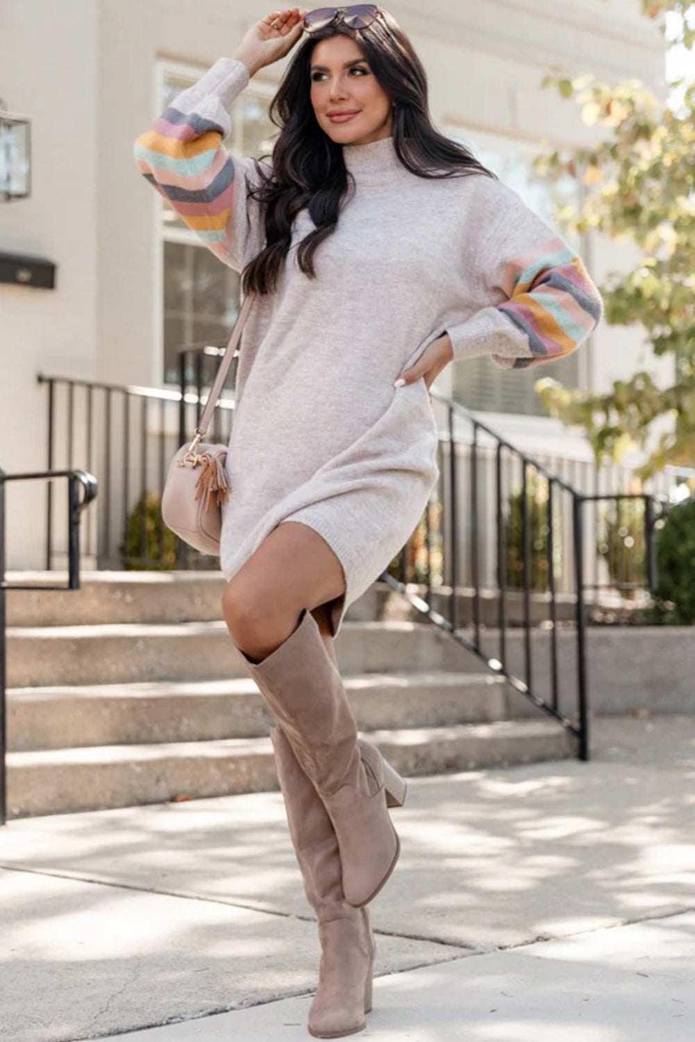 Light Grey Striped Detail Puff Sleeve High Neck Shift Mini Sweater Dress