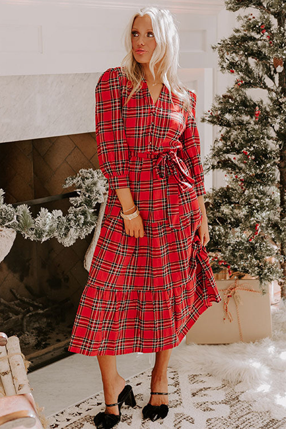 Red Christmas Plaid V Neck 3/4 Sleeve Tie Waist Ruffle Hem Midi Dress