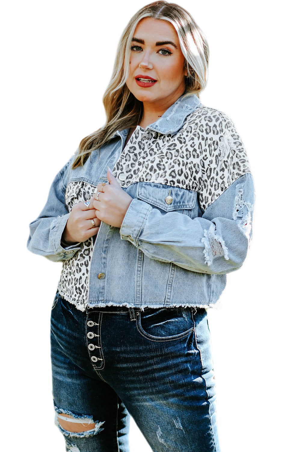 Leopard Patchwork Blue Denim Jacket for Curvy Fashionistas