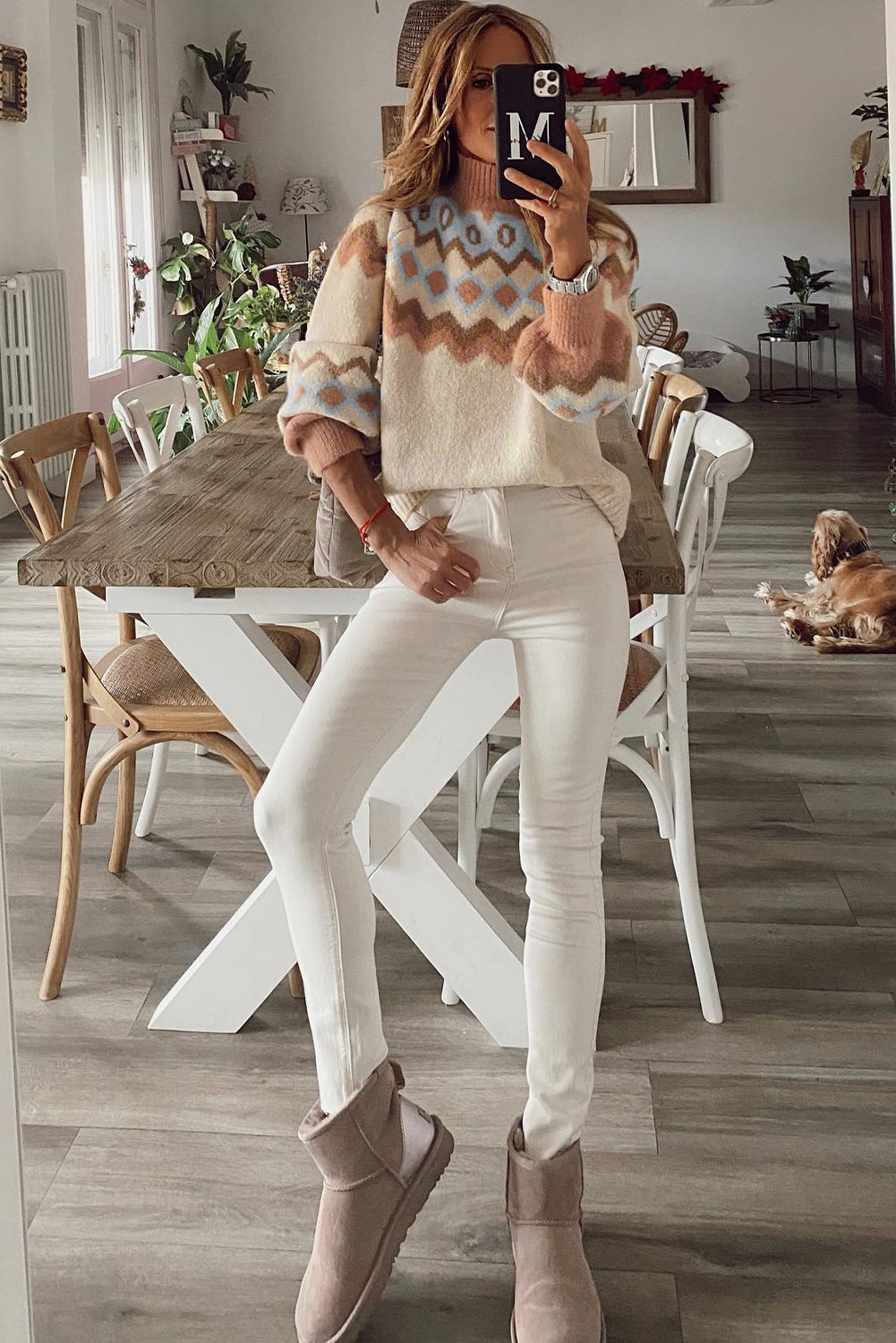 Khaki Ribbed Trim Geometric Pattern High Neck Sweater