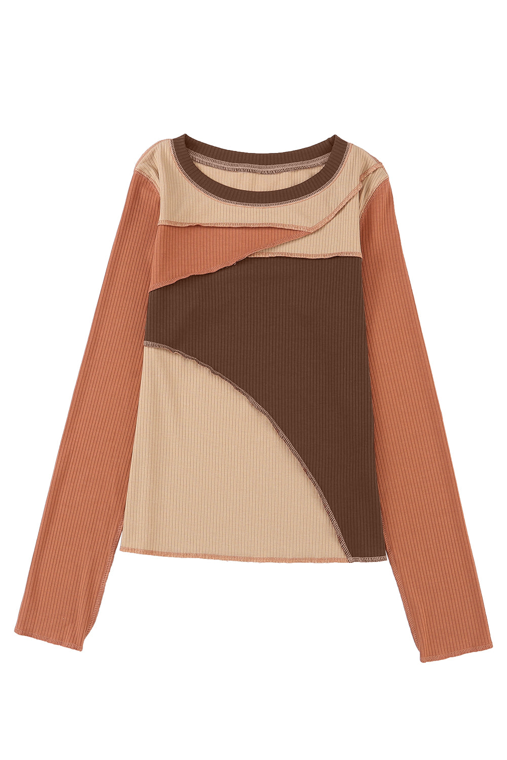 Knit Top with Exposed Seam Detail in Brown Color Block