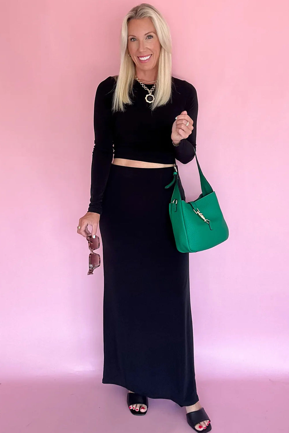 Black Cropped Bodycon Long Sleeve Top Long High Waist Skirt Set