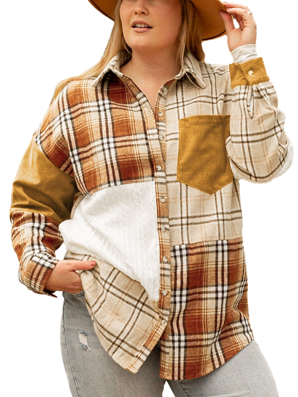 Golden Apricot Plus Size Plaid Patchwork Button up Shacket