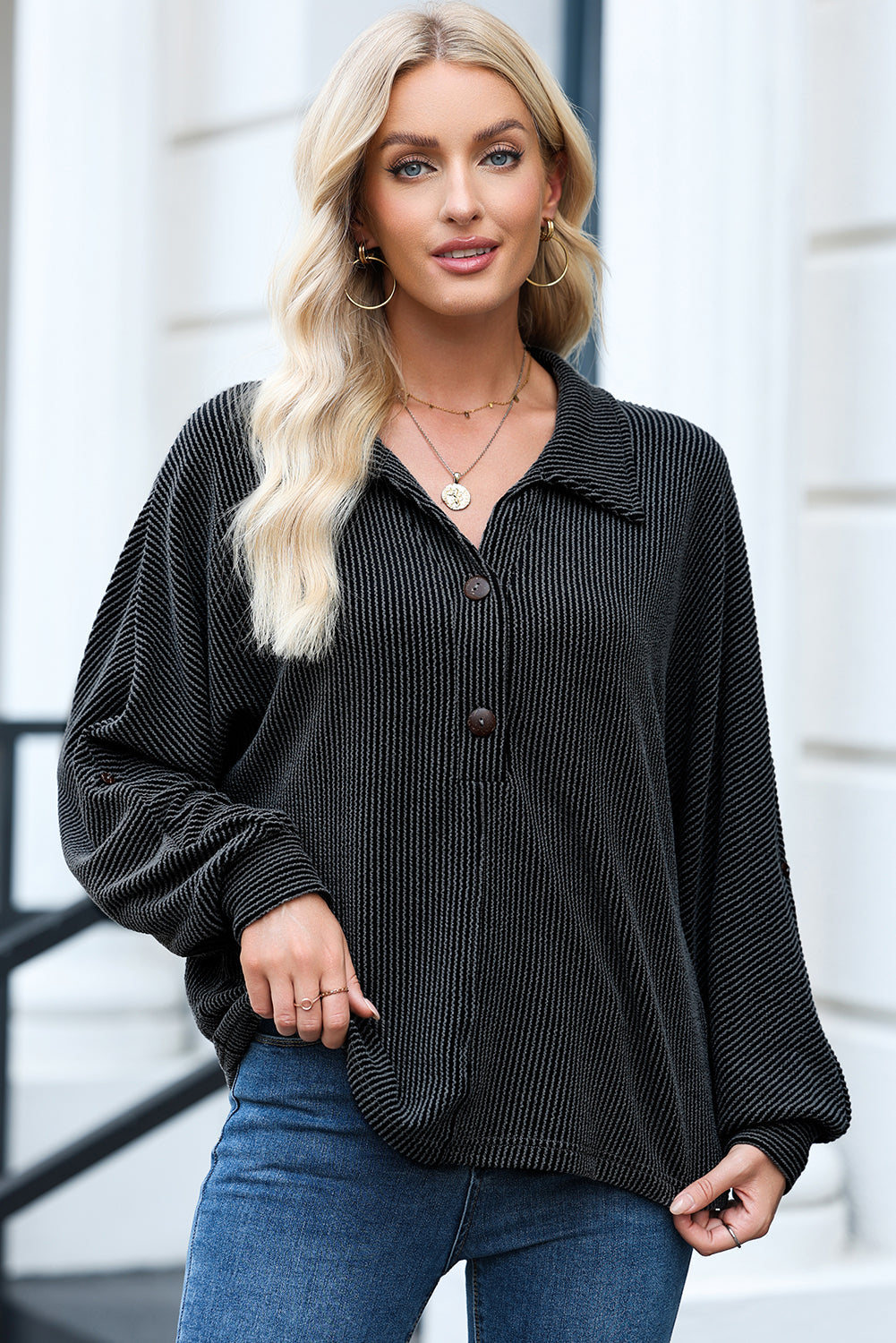 Black Oversized Twist Ribbed Collared Henley Top with Roll up Sleeve